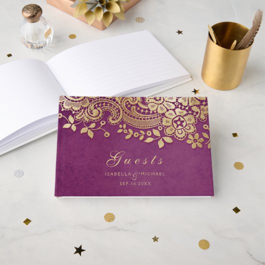 Goud paars elegant huwelijksgastenboek gastenboek (Voorkant open)