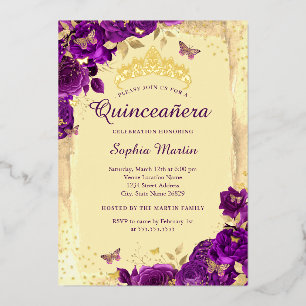 Goud Paars Elegante Bloemvlinder Quinceanera Folie Uitnodiging