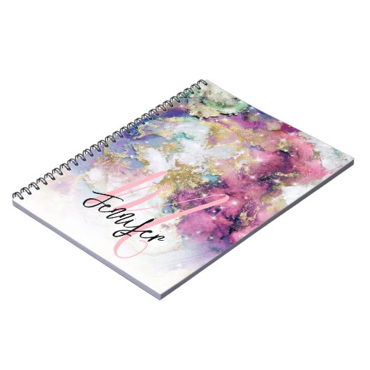 Goud Paars galaxy Space Monogram aangepast Notitieboek (Linkerzijde)