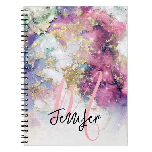 Goud Paars galaxy Space Monogram aangepast Notitieboek (Voorkant)