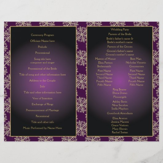 Goud, paars sneeuwvlokgevouwen trouwprogramma (Achterkant)