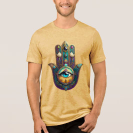 Goud Paars Teal Hamsa met Turquoise Derde Oog Tri-Blend Shirt