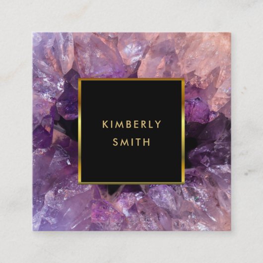 Goud paarse amethyste gemstone geode vierkante visitekaartje (Voorkant)