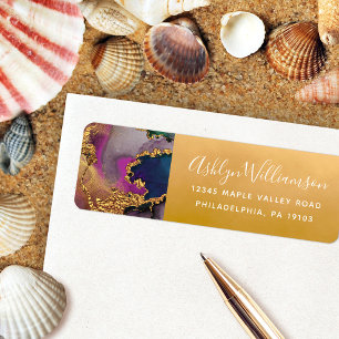 Goud paarse blauw groen marmer waterverf adres etiket