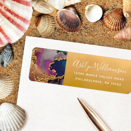 Goud paarse blauw groen marmer waterverf adres etiket