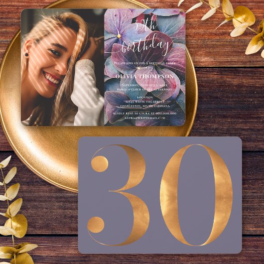Goud Paarse Blauw Hydrangeas 30e Verjaardag Foto Kaart
