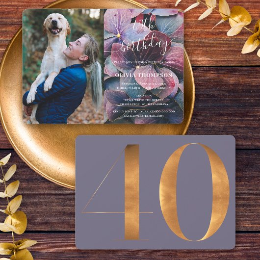 Goud Paarse Blauw Hydrangeas 40e Verjaardag Foto Kaart