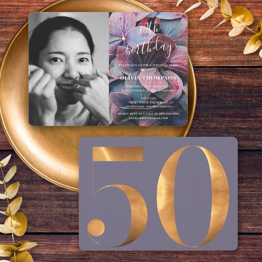 Goud Paarse Blauw Hydrangeas 50e Verjaardag Foto Kaart