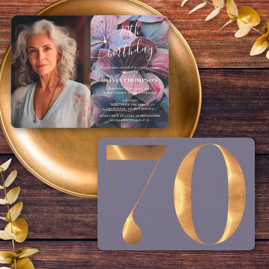 Goud Paarse Blauw Hydrangeas 70e Verjaardag Foto Kaart