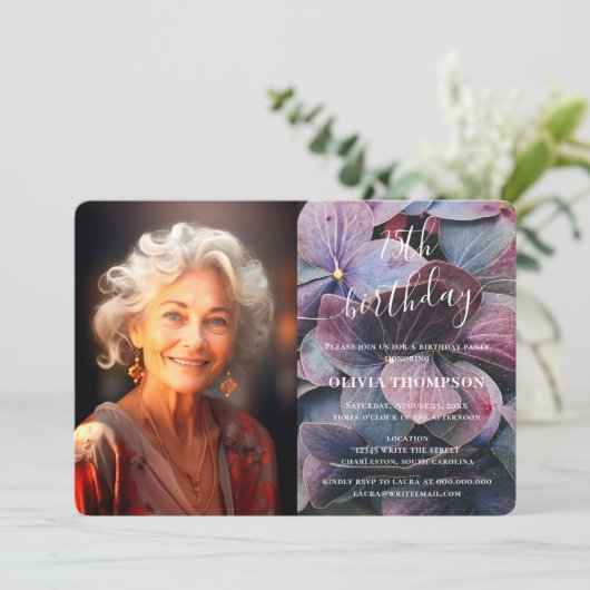 Goud Paarse Blauw Hydrangeas 75e Verjaardag Foto Kaart (Staand voorkant)