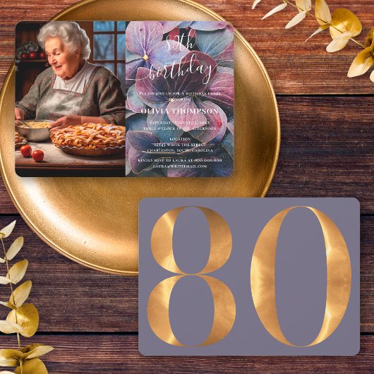 Goud Paarse Blauw Hydrangeas 80e Verjaardag Foto Kaart
