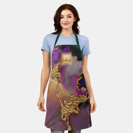 Goud paarse blauw salon monogram marmer waterverf schort (Gedragen)