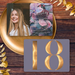 Goud Paarse Blauwe Hortensia's 18e Verjaardag Foto Kaart