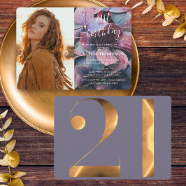 Goud Paarse Blauwe Hortensia's 21e Verjaardag Foto Kaart