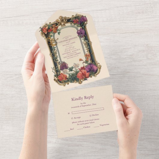 Goud Paarse Bloemen Bruiloft All In One Uitnodiging (Afscheurbaar)
