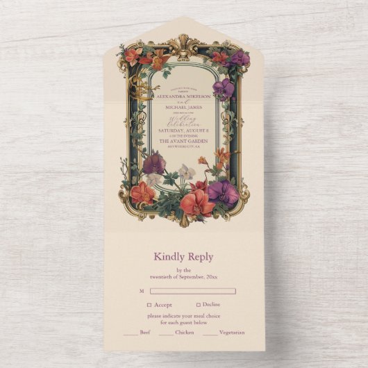 Goud Paarse  Bloemen Bruiloft All In One Uitnodiging (Binnen)
