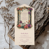 Goud Paarse  Bloemen Bruiloft All In One Uitnodiging