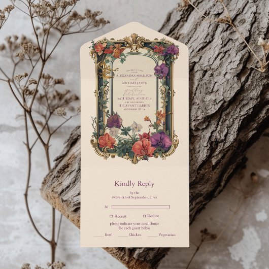 Goud Paarse  Bloemen Bruiloft All In One Uitnodiging