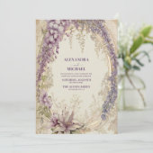 Goud Paarse  Bloemen Bruiloft Kaart (Staand voorkant)