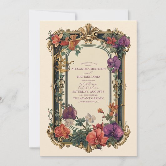 Goud Paarse  Bloemen Bruiloft Kaart (Voorkant)