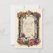 Goud Paarse Bloemen Bruiloft RSVP Kaartje (Voorkant)