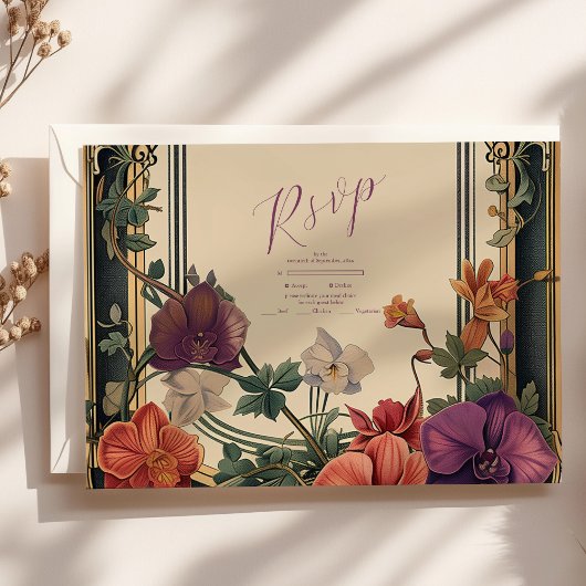 Goud Paarse  Bloemen Bruiloft RSVP Kaartje