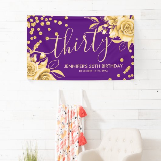 Goud Paarse Bloemen Glitter 30ste Verjaardagsscrip Spandoek (Insitu)