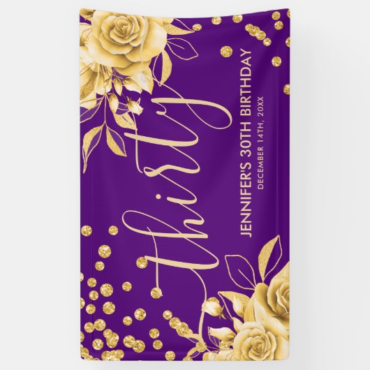 Goud Paarse Bloemen Glitter 30ste Verjaardagsscrip Spandoek (Verticaal)
