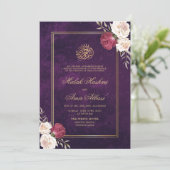 Goud Paarse Bloemen  Islamitisch Moslim Bruiloft Kaart (Staand voorkant)