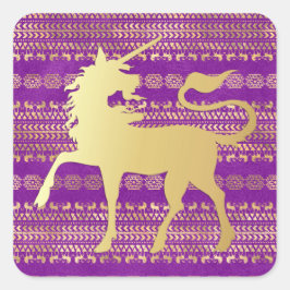 Goud & Paarse Boheemse Patroon & Eenhoorn Vierkante Sticker