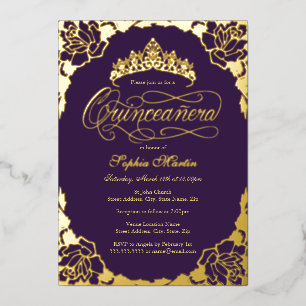 Goud Paarse Elegante Script Quinceanera Verjaardag Folie Uitnodiging