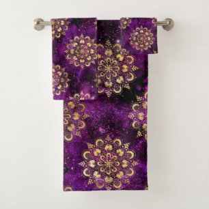 Goud & Paarse Galaxy Dharma Mandala Patroon Bad Handdoek