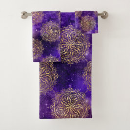 Goud & Paarse Galaxy Dharma Mandala Patroon Bad Handdoek