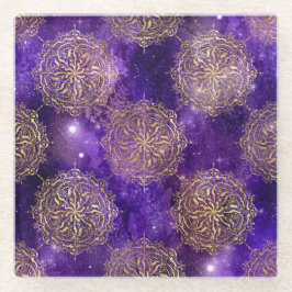 Goud & Paarse Galaxy Dharma Mandala Patroon Glazen Onderzetter