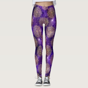 Goud & Paarse Galaxy Dharma Mandala Patroon Leggings