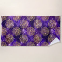 Goud & Paarse Galaxy Dharma Mandala Patroon Strandlaken