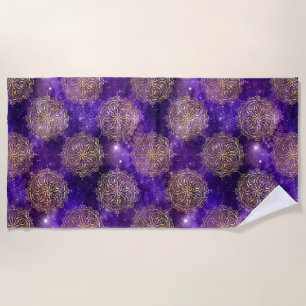 Goud & Paarse Galaxy Dharma Mandala Patroon Strandlaken