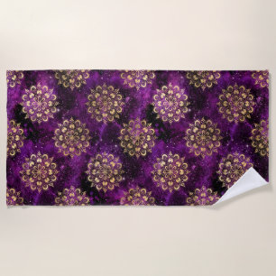 Goud & Paarse Galaxy Dharma Mandala Patroon Strandlaken