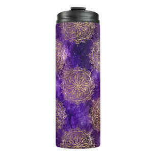 Goud & Paarse Galaxy Dharma Mandala Patroon Thermosbeker