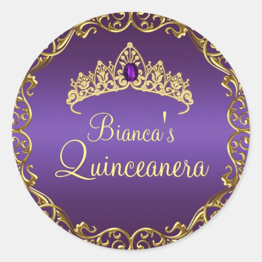 Goud & Paarse Gem Tiara Quinceanera Sticker (Voorkant)