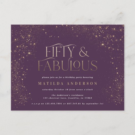 Goud paarse glitter 50 en fabuleus verjaardagsfees briefkaart (Voorkant)
