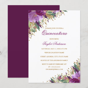 Goud Paarse Glitter Amethyst Bloemige Quinceanera Kaart