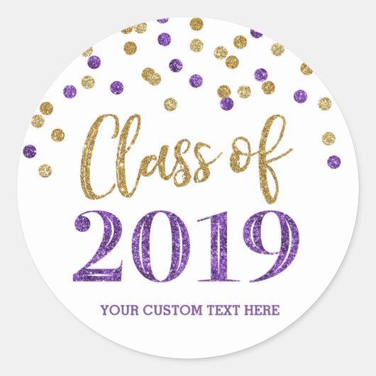 Goud Paarse Glitter Confetti Afstuderen 2019 Ronde Sticker (Voorkant)