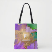 Goud paarse groene aqua marmer waterverf monogram tote bag (Voorkant)