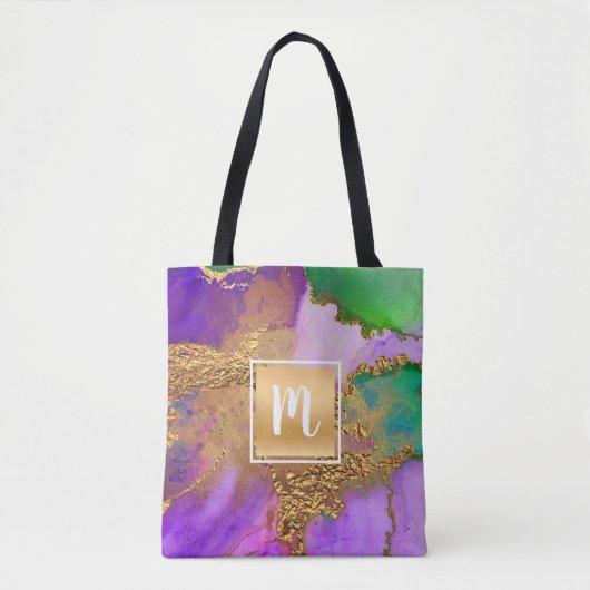 Goud paarse groene aqua marmer waterverf monogram tote bag (Voorkant)