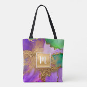 Goud paarse groene aqua marmer waterverf monogram tote bag (Achterkant)