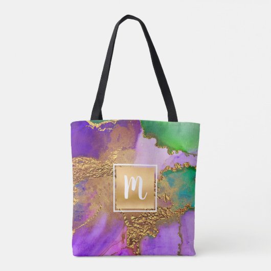 Goud paarse groene aqua marmer waterverf monogram tote bag (Achterkant)