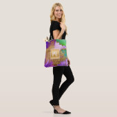 Goud paarse groene aqua marmer waterverf monogram tote bag (Op model)
