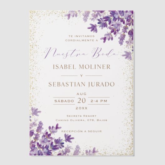 Goud Paarse Lavendel Nuestra Boda Spaans Bruiloft Vellum Uitnodigingen (Voorkant)