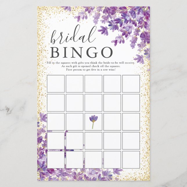 Goud Paarse Lavenders Vrijgezellenfeest Bingo spel (Voorkant)